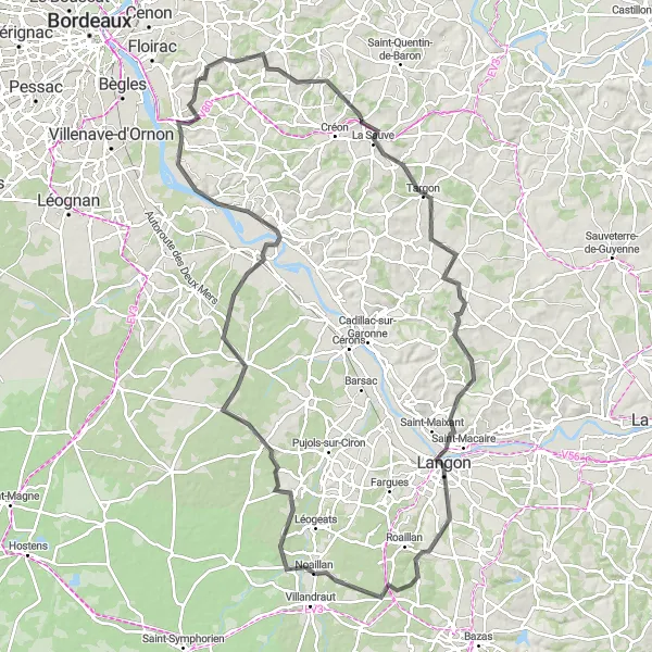 Miniature de la carte de l'inspiration cycliste "Circuit à vélo à travers les vignobles" dans la Aquitaine, France. Générée par le planificateur d'itinéraire cycliste Tarmacs.app