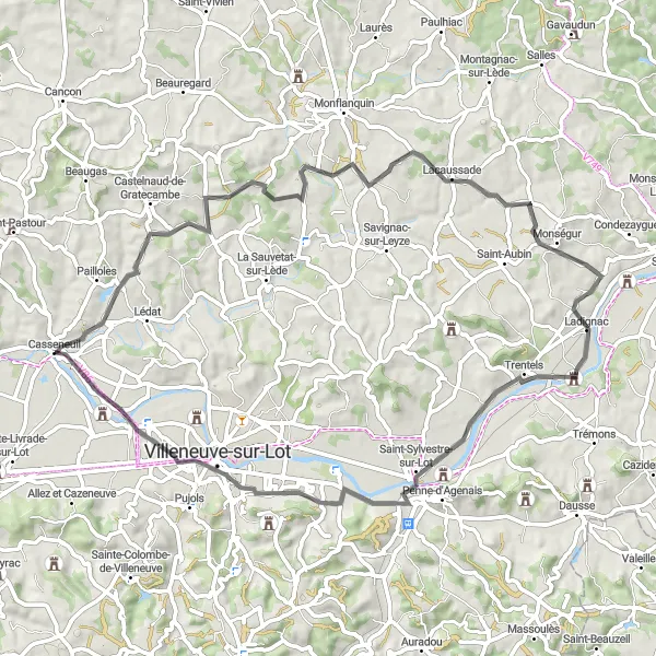 Miniatua del mapa de inspiración ciclista "Ruta panorámica en bicicleta de 67 km desde Casseneuil" en Aquitaine, France. Generado por Tarmacs.app planificador de rutas ciclistas