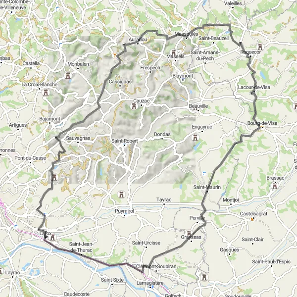 Miniatua del mapa de inspiración ciclista "Ruta de los Pueblos y Paisajes Rurales" en Aquitaine, France. Generado por Tarmacs.app planificador de rutas ciclistas