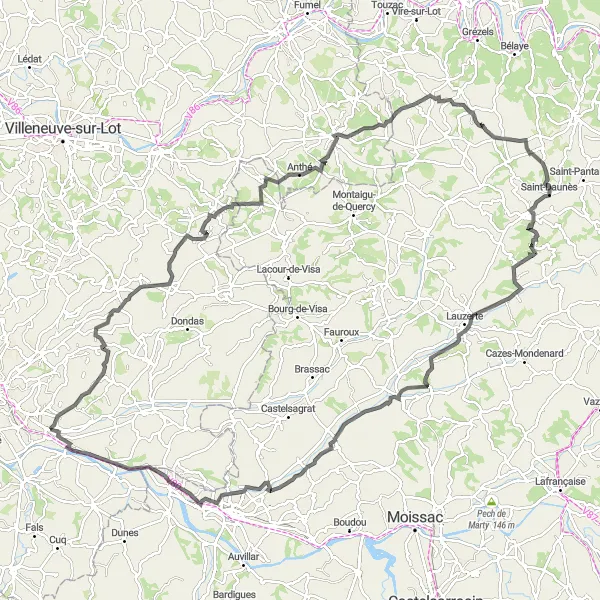Miniatua del mapa de inspiración ciclista "Ruta de 142 km cerca de Castelculier" en Aquitaine, France. Generado por Tarmacs.app planificador de rutas ciclistas