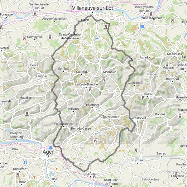 Miniatua del mapa de inspiración ciclista "Ruta de 76 km cerca de Castelculier" en Aquitaine, France. Generado por Tarmacs.app planificador de rutas ciclistas