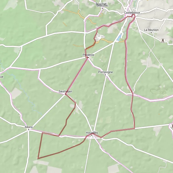 Map miniature of "Gravel adventure to Houeillès and Sauméjan" cycling inspiration in Aquitaine, France. Generated by Tarmacs.app cycling route planner