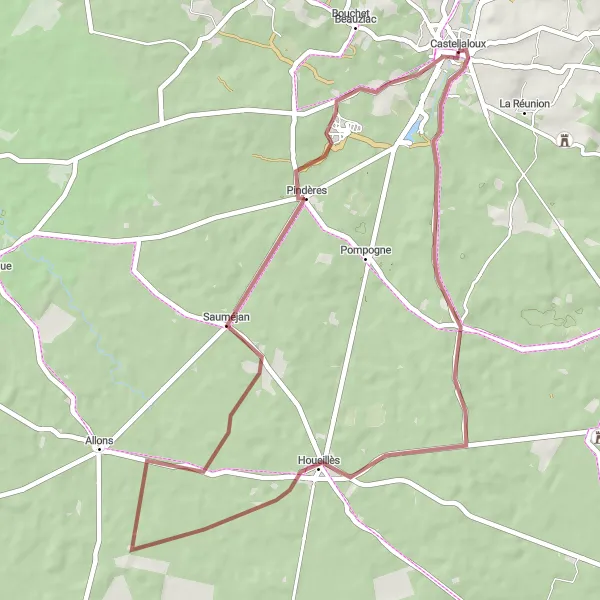 Miniatua del mapa de inspiración ciclista "Ruta de gravel de Houeillès a Casteljaloux" en Aquitaine, France. Generado por Tarmacs.app planificador de rutas ciclistas