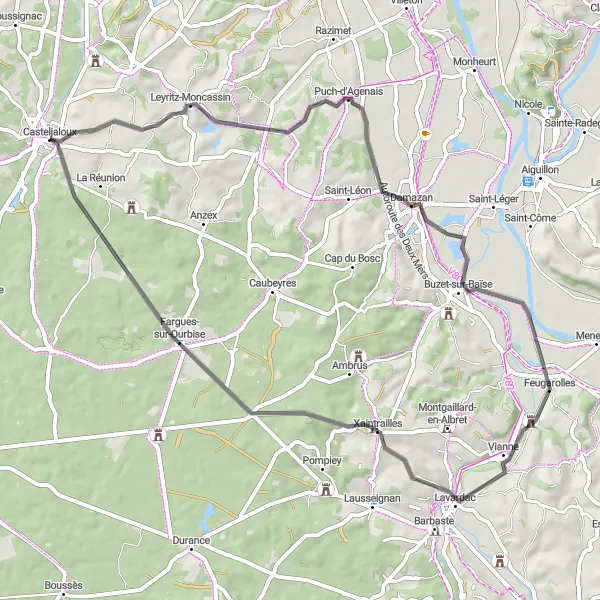 Map miniature of "Circuit around Casteljaloux" cycling inspiration in Aquitaine, France. Generated by Tarmacs.app cycling route planner