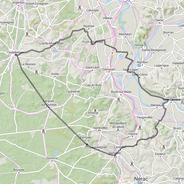 Map miniature of "Casteljaloux Epic Adventure" cycling inspiration in Aquitaine, France. Generated by Tarmacs.app cycling route planner