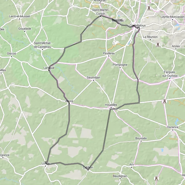 Map miniature of "Panoramic road tour through Houeillès and Allons" cycling inspiration in Aquitaine, France. Generated by Tarmacs.app cycling route planner