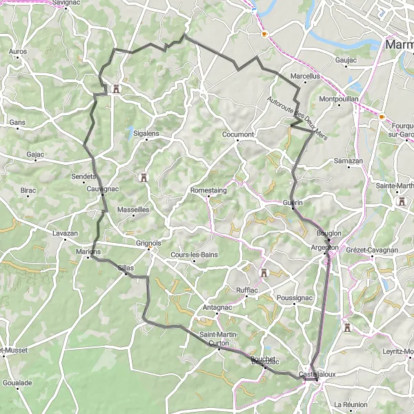 Map miniature of "Sillas Road Loop" cycling inspiration in Aquitaine, France. Generated by Tarmacs.app cycling route planner