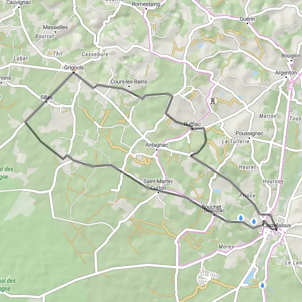 Miniatua del mapa de inspiración ciclista "Scenic Cycling Route to Casteljaloux" en Aquitaine, France. Generado por Tarmacs.app planificador de rutas ciclistas