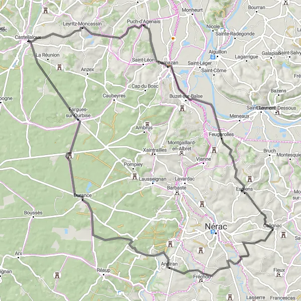 Map miniature of "Challenging road loop through Puch-d'Agenais and Calignac" cycling inspiration in Aquitaine, France. Generated by Tarmacs.app cycling route planner