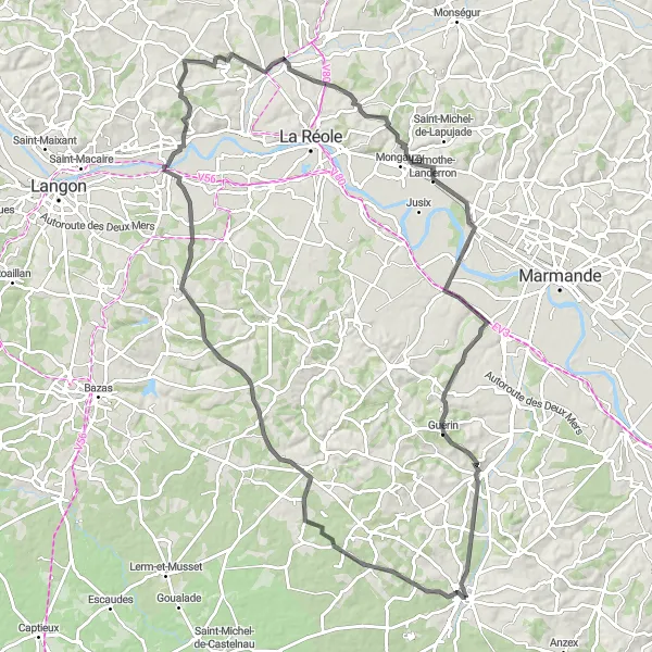 Map miniature of "Countryside road expedition through Beauziac and Sainte-Bazeille" cycling inspiration in Aquitaine, France. Generated by Tarmacs.app cycling route planner