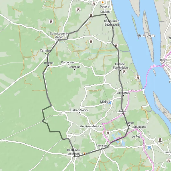 Map miniature of "Medoc Vineyards Loop" cycling inspiration in Aquitaine, France. Generated by Tarmacs.app cycling route planner