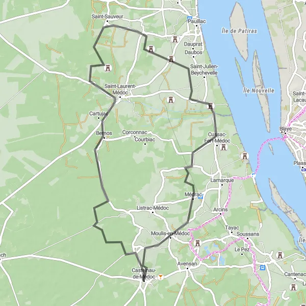 Map miniature of "Châteaux Tour" cycling inspiration in Aquitaine, France. Generated by Tarmacs.app cycling route planner