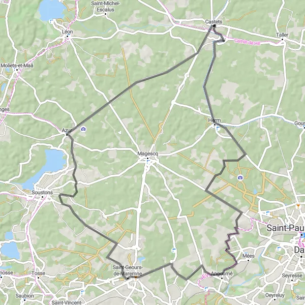 Miniature de la carte de l'inspiration cycliste "Tour entre Castets et Herm" dans la Aquitaine, France. Générée par le planificateur d'itinéraire cycliste Tarmacs.app