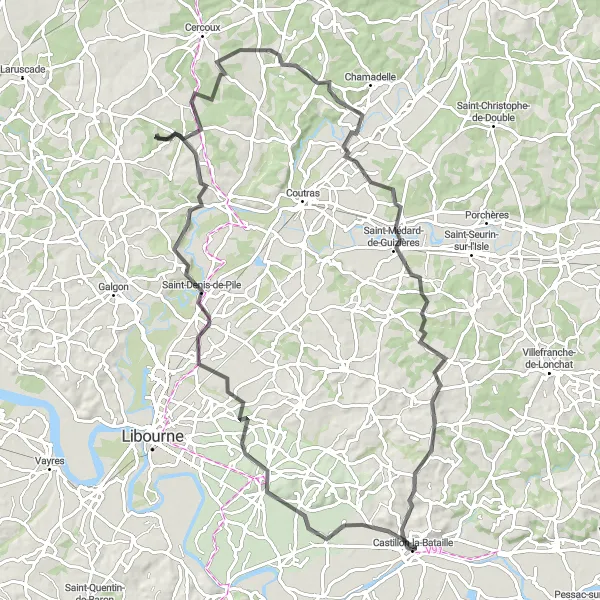 Miniatua del mapa de inspiración ciclista "Expedición en Bicicleta por Castillon-la-Bataille y Alrededores 4" en Aquitaine, France. Generado por Tarmacs.app planificador de rutas ciclistas