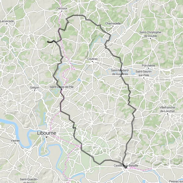 Map miniature of "Cycling Through History and Vineyards" cycling inspiration in Aquitaine, France. Generated by Tarmacs.app cycling route planner