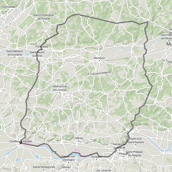Miniatua del mapa de inspiración ciclista "Ruta de Ciclismo por Castillon-la-Bataille y Alrededores 1" en Aquitaine, France. Generado por Tarmacs.app planificador de rutas ciclistas