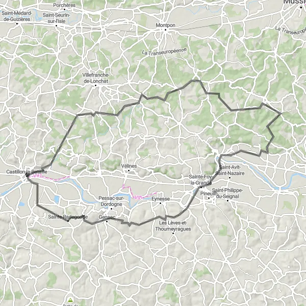 Miniature de la carte de l'inspiration cycliste "Château de Matecoulon Expedition Road Route" dans la Aquitaine, France. Générée par le planificateur d'itinéraire cycliste Tarmacs.app