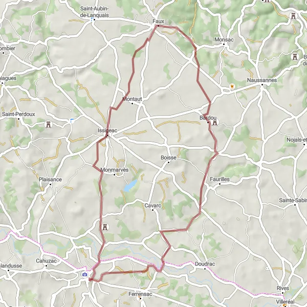 Miniature de la carte de l'inspiration cycliste "Tour des villages de Monmarvès et Monmadalès" dans la Aquitaine, France. Générée par le planificateur d'itinéraire cycliste Tarmacs.app