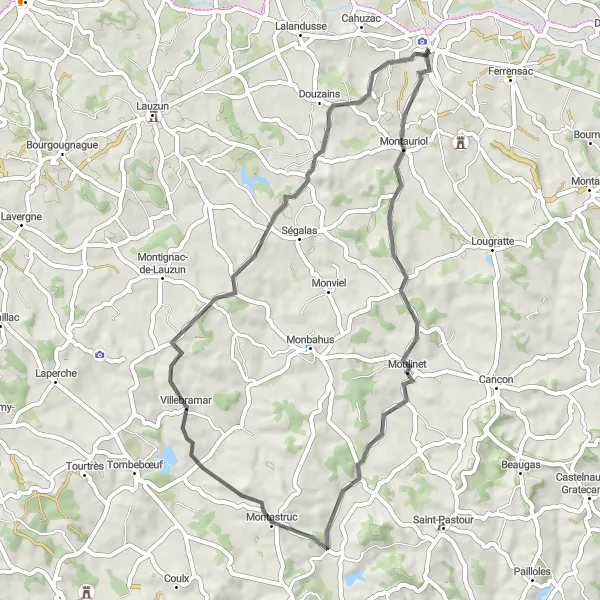 Map miniature of "Villebramar Circular Ride" cycling inspiration in Aquitaine, France. Generated by Tarmacs.app cycling route planner