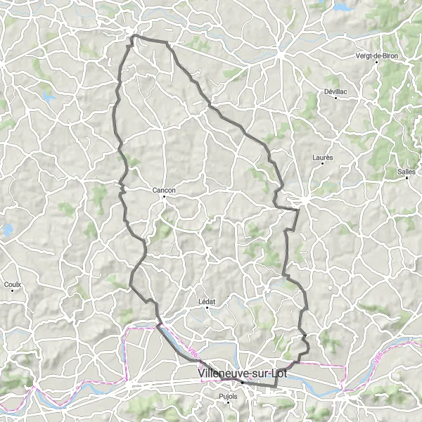 Map miniature of "Castillonnès to Ferrensac Loop" cycling inspiration in Aquitaine, France. Generated by Tarmacs.app cycling route planner