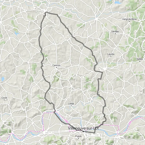 Miniature de la carte de l'inspiration cycliste "Itinéraire panoramique à travers les vallées près de Castillonnès" dans la Aquitaine, France. Générée par le planificateur d'itinéraire cycliste Tarmacs.app