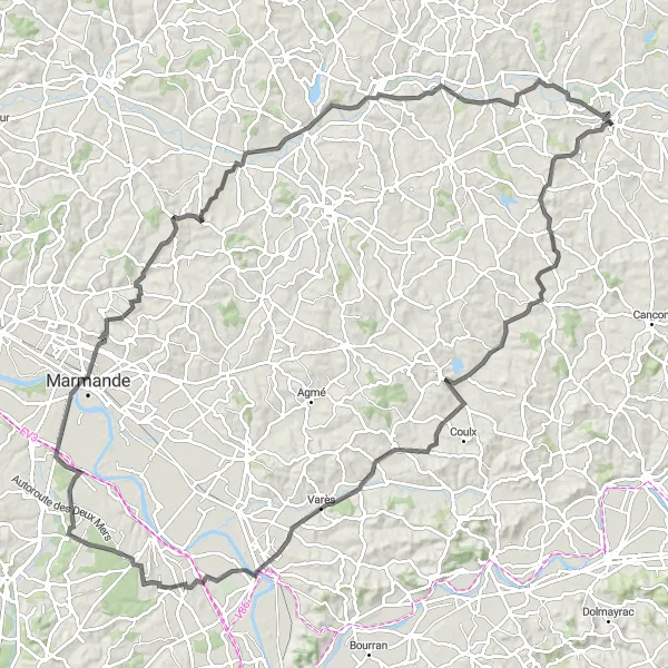 Miniature de la carte de l'inspiration cycliste "Aventure à travers Eymet et Marmande" dans la Aquitaine, France. Générée par le planificateur d'itinéraire cycliste Tarmacs.app