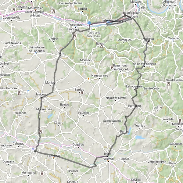 Miniature de la carte de l'inspiration cycliste "Boucle Castillonnès - Lalinde" dans la Aquitaine, France. Générée par le planificateur d'itinéraire cycliste Tarmacs.app