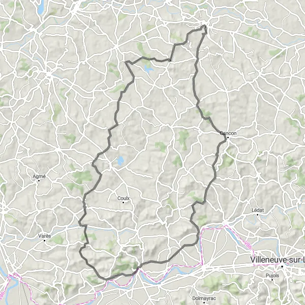 Map miniature of "The Castillonnès Road Loop" cycling inspiration in Aquitaine, France. Generated by Tarmacs.app cycling route planner