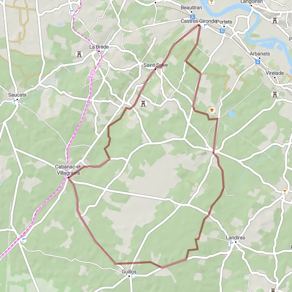 Map miniature of "Gravel Exquisite Route from Castres-Gironde to Guillos" cycling inspiration in Aquitaine, France. Generated by Tarmacs.app cycling route planner