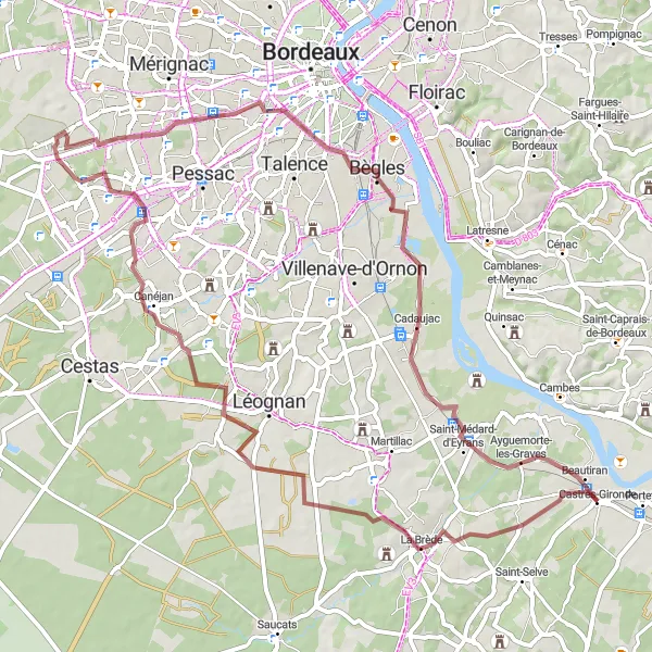 Map miniature of "Gravel Adventure from Castres-Gironde to Ayguemorte-les-Graves" cycling inspiration in Aquitaine, France. Generated by Tarmacs.app cycling route planner