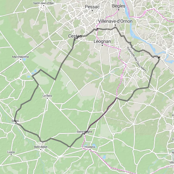 Map miniature of "Road Cycling Adventure from Castres-Gironde to Ayguemorte-les-Graves" cycling inspiration in Aquitaine, France. Generated by Tarmacs.app cycling route planner