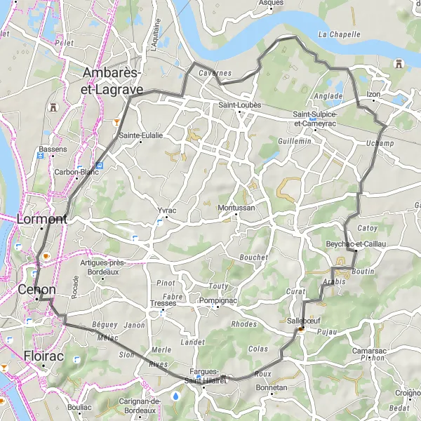 Miniature de la carte de l'inspiration cycliste "Le Circuit de Carbon-Blanc et Sallebœuf" dans la Aquitaine, France. Générée par le planificateur d'itinéraire cycliste Tarmacs.app