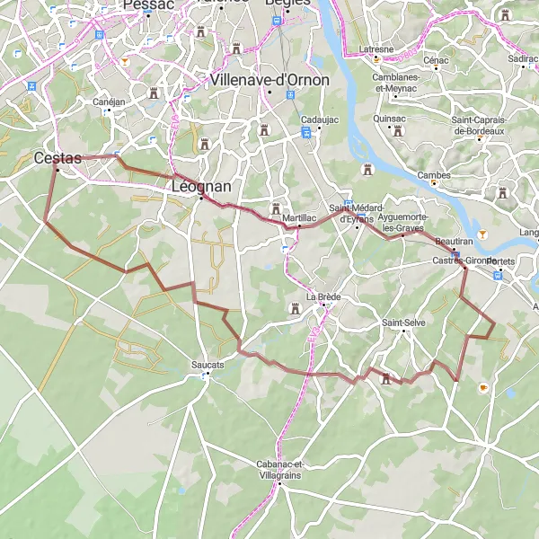 Miniatua del mapa de inspiración ciclista "Ruta de ciclismo de grava entre viñedos y castillos" en Aquitaine, France. Generado por Tarmacs.app planificador de rutas ciclistas