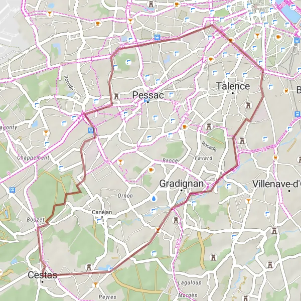 Miniatua del mapa de inspiración ciclista "Exploración en bicicleta de grava entre viñedos y castillos" en Aquitaine, France. Generado por Tarmacs.app planificador de rutas ciclistas