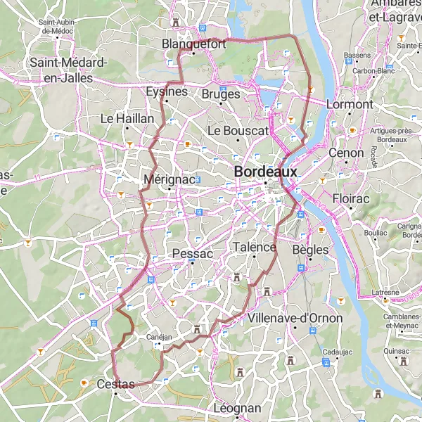 Miniatua del mapa de inspiración ciclista "Ruta de grava a Blanquefort y Tour Pey Berland" en Aquitaine, France. Generado por Tarmacs.app planificador de rutas ciclistas