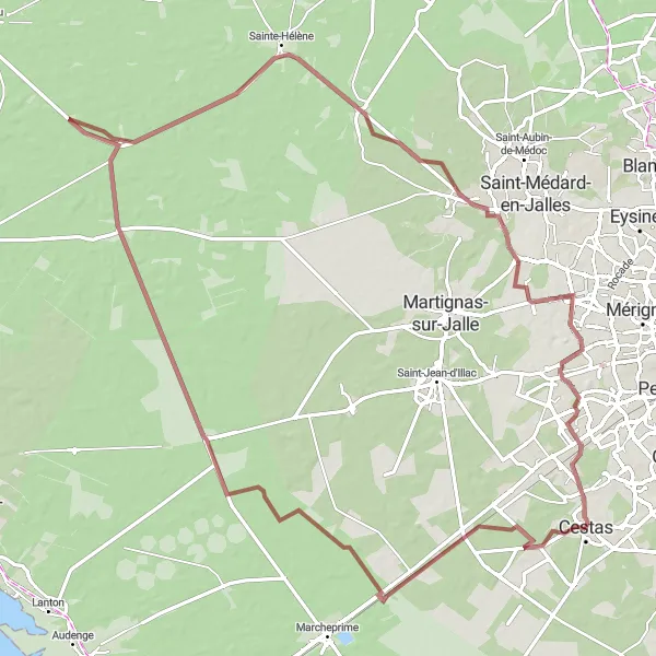 Miniatua del mapa de inspiración ciclista "Ruta de grava a Blagon y Salaunes" en Aquitaine, France. Generado por Tarmacs.app planificador de rutas ciclistas