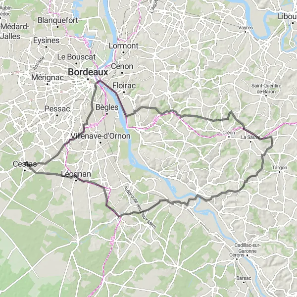 Miniatua del mapa de inspiración ciclista "Ruta de ciclismo de carretera a través de Aquitania" en Aquitaine, France. Generado por Tarmacs.app planificador de rutas ciclistas