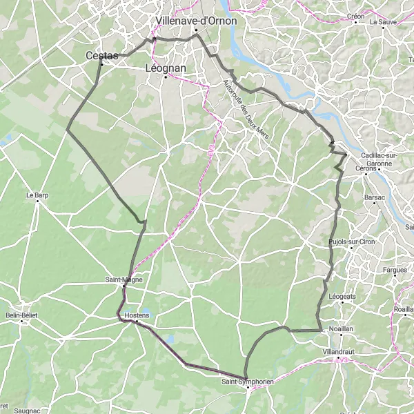 Miniature de la carte de l'inspiration cycliste "Les Rives de la Garonne" dans la Aquitaine, France. Générée par le planificateur d'itinéraire cycliste Tarmacs.app