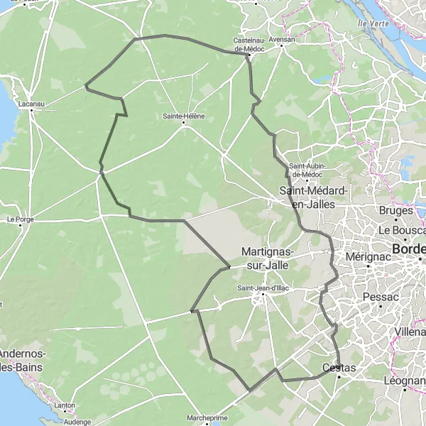 Miniatua del mapa de inspiración ciclista "Excursión en carretera a Brach y Castelnau-de-Médoc" en Aquitaine, France. Generado por Tarmacs.app planificador de rutas ciclistas
