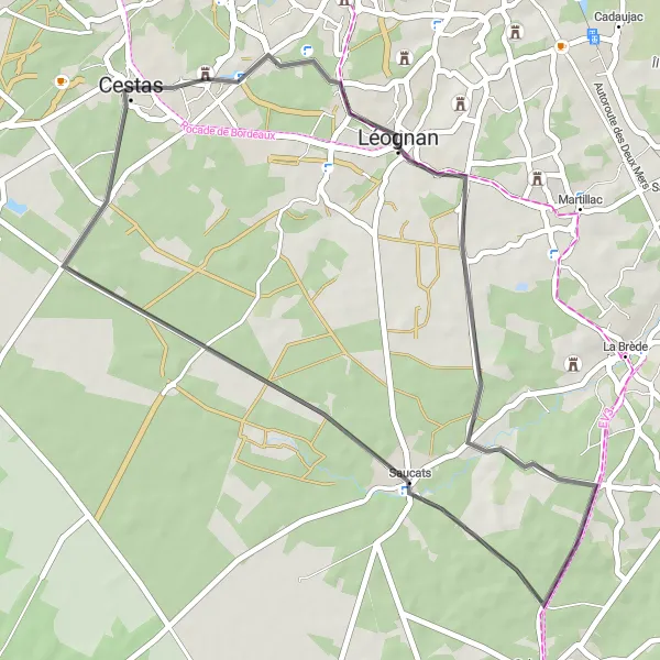 Miniatua del mapa de inspiración ciclista "Ruta por carretera a Léognan y Saucats" en Aquitaine, France. Generado por Tarmacs.app planificador de rutas ciclistas