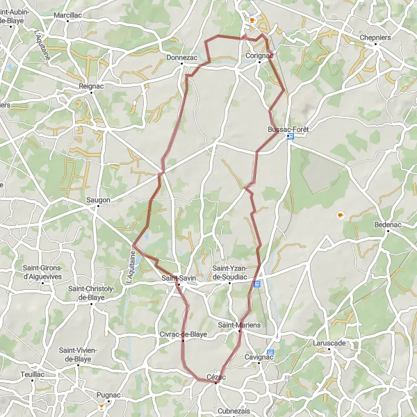 Miniatua del mapa de inspiración ciclista "Ruta de aventura por Civrac-de-Blaye y Donnezac" en Aquitaine, France. Generado por Tarmacs.app planificador de rutas ciclistas