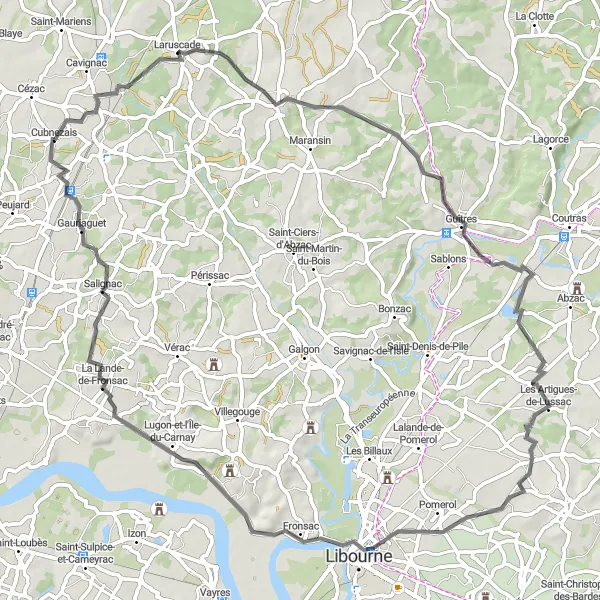 Miniatua del mapa de inspiración ciclista "Recorrido panorámico por Laruscade y Gauriaguet" en Aquitaine, France. Generado por Tarmacs.app planificador de rutas ciclistas