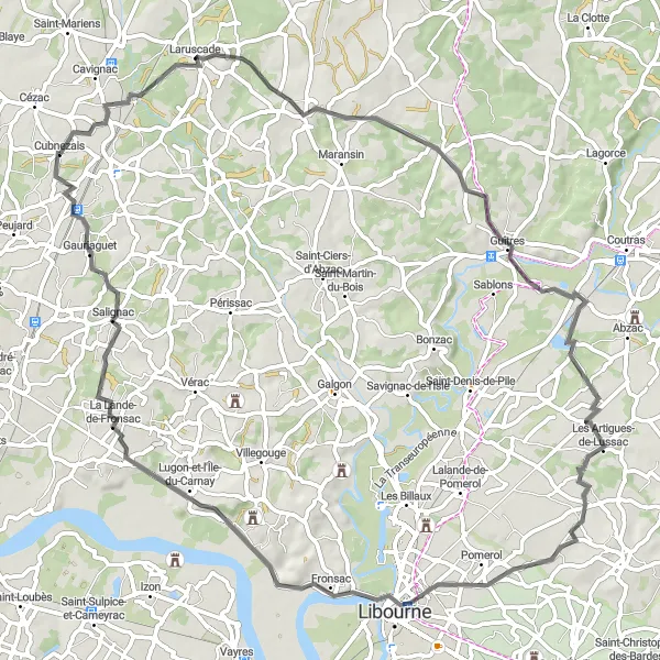 Map miniature of "Les Artigues Triangle" cycling inspiration in Aquitaine, France. Generated by Tarmacs.app cycling route planner