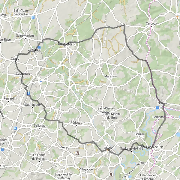 Miniatua del mapa de inspiración ciclista "Ruta Escénica Laruscade-Cubnezais" en Aquitaine, France. Generado por Tarmacs.app planificador de rutas ciclistas