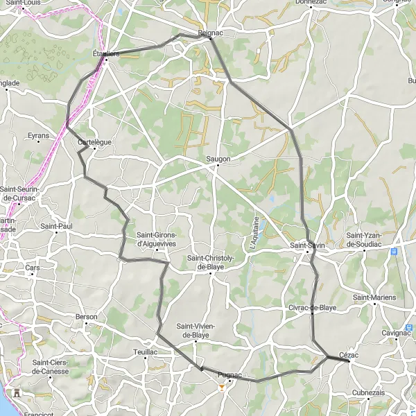 Miniature de la carte de l'inspiration cycliste "De Cézac à Saint-Savin via Pugnac" dans la Aquitaine, France. Générée par le planificateur d'itinéraire cycliste Tarmacs.app
