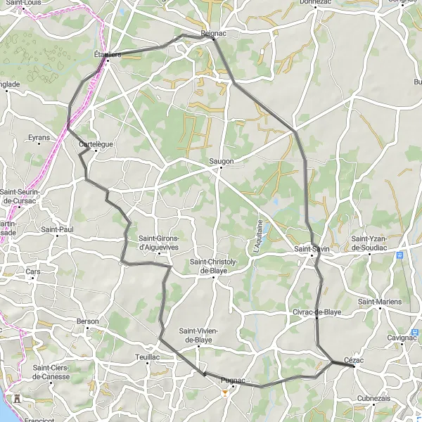 Map miniature of "Pugnac Challenge" cycling inspiration in Aquitaine, France. Generated by Tarmacs.app cycling route planner