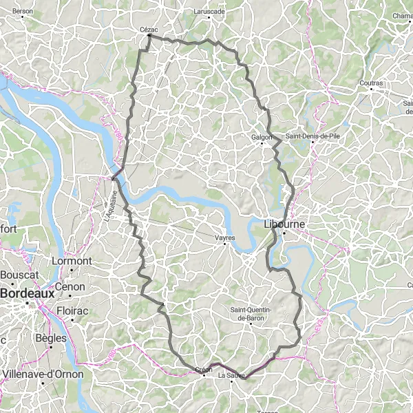 Miniatua del mapa de inspiración ciclista "Gran Ruta de Ciclismo Saint-Ciers-d'Abzac-Cézac" en Aquitaine, France. Generado por Tarmacs.app planificador de rutas ciclistas