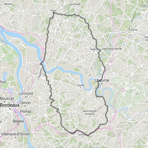 Map miniature of "Abzac Challenge" cycling inspiration in Aquitaine, France. Generated by Tarmacs.app cycling route planner