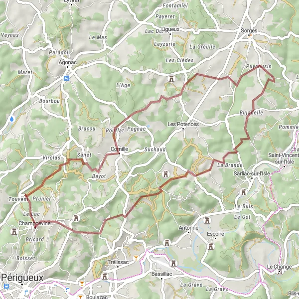 Map miniature of "Champcevinel Gravel Expedition" cycling inspiration in Aquitaine, France. Generated by Tarmacs.app cycling route planner