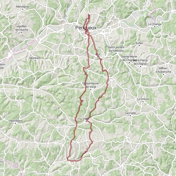 Map miniature of "Champcevinel Gravel Route 2" cycling inspiration in Aquitaine, France. Generated by Tarmacs.app cycling route planner